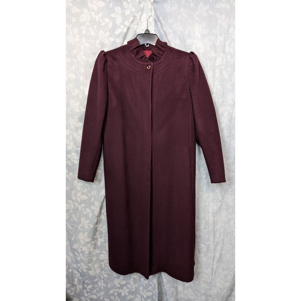 Vintage 70s Maroon Burgundy Frilled Funnel Neck Wool Coat Sz M